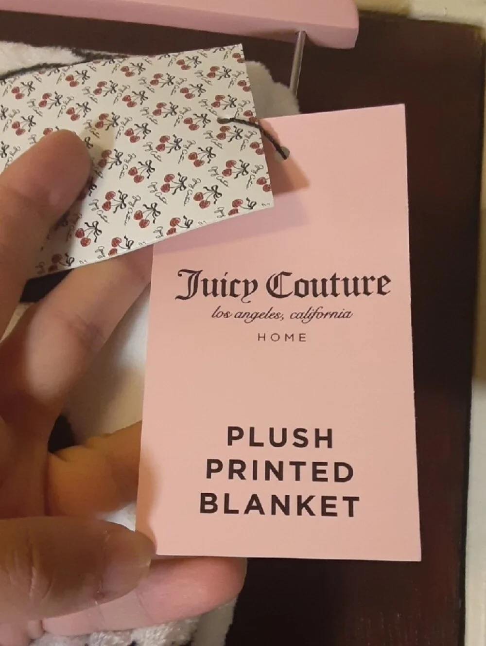 Full Queen Juicy Couture Plush Blanket in White with Red Cherries and Black Bows